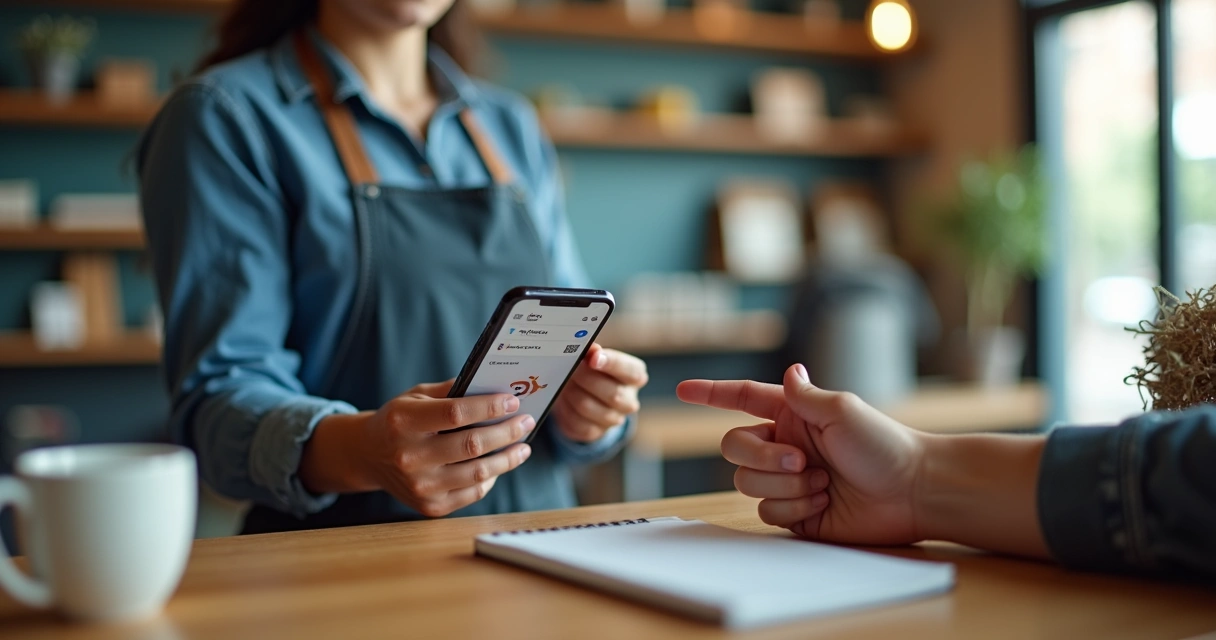 Empreendedor mostrando opções de pagamento parcelado no celular para cliente em pequena loja 