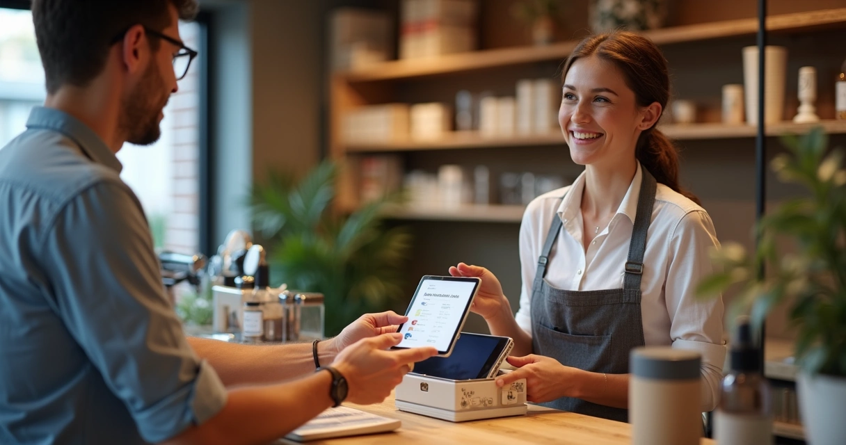 Atendente de loja apresentando opção premium a uma cliente 