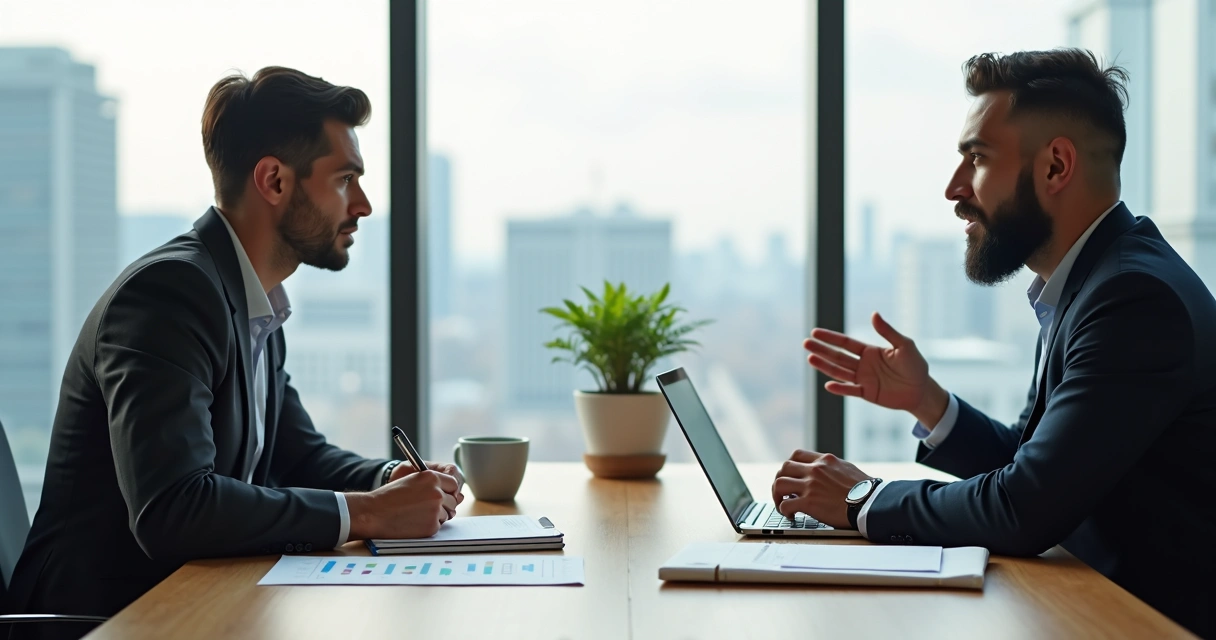 Vendedor em reunião presencial fazendo perguntas a cliente em mesa de escritório 