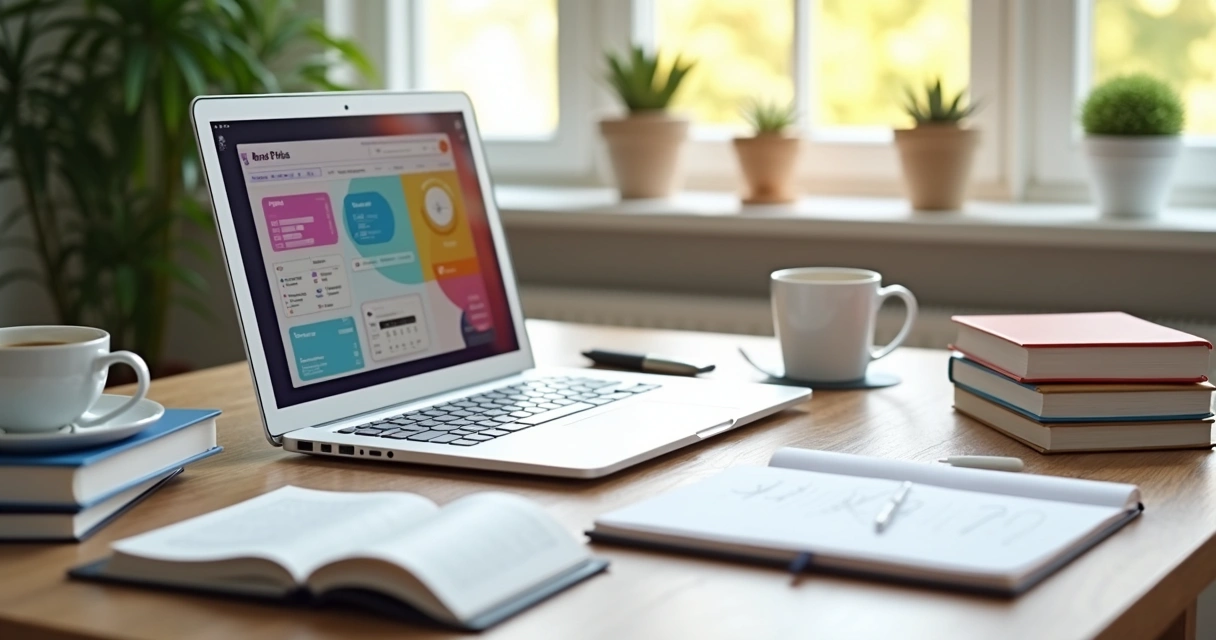 Mesa com notebook, bloco de notas e cadernos de produtos digitais, ambiente iluminado e moderno 