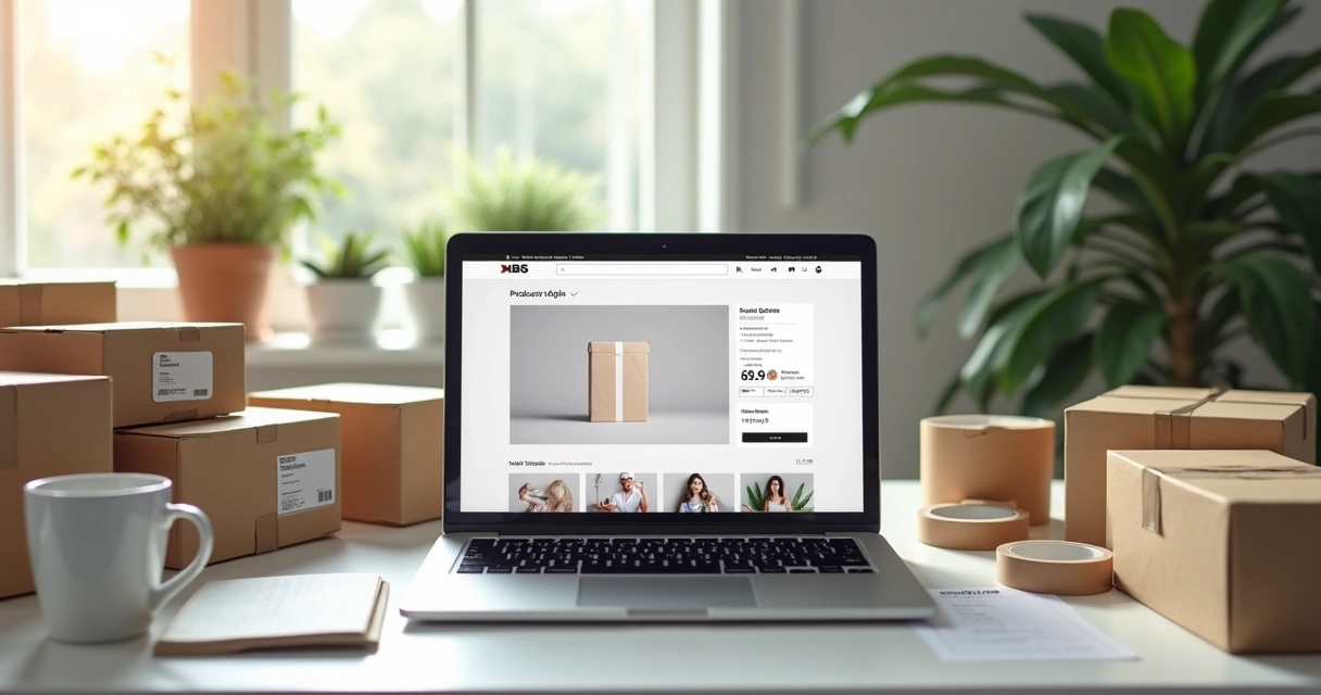 Mesa com embalagens, fita adesiva e computador com site de vendas aberto 