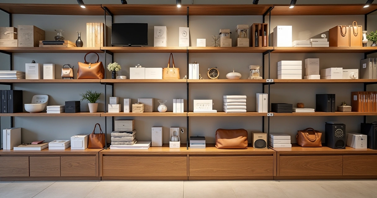 US Marketplace: Guia para Brasileiros Venderem nos EUA 1 Mostruário de produtos diversos organizados em uma prateleira física com etiquetas de marcas conhecidas dos EUA.