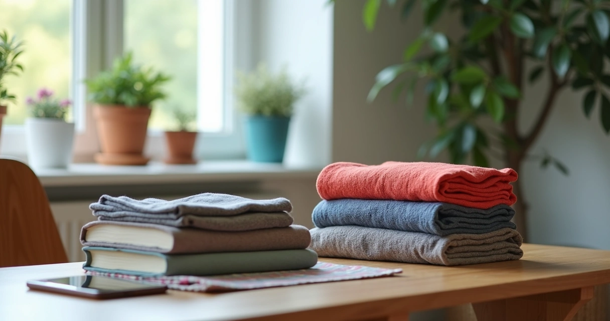 Roupas, eletrônicos e livros organizados para venda caseira