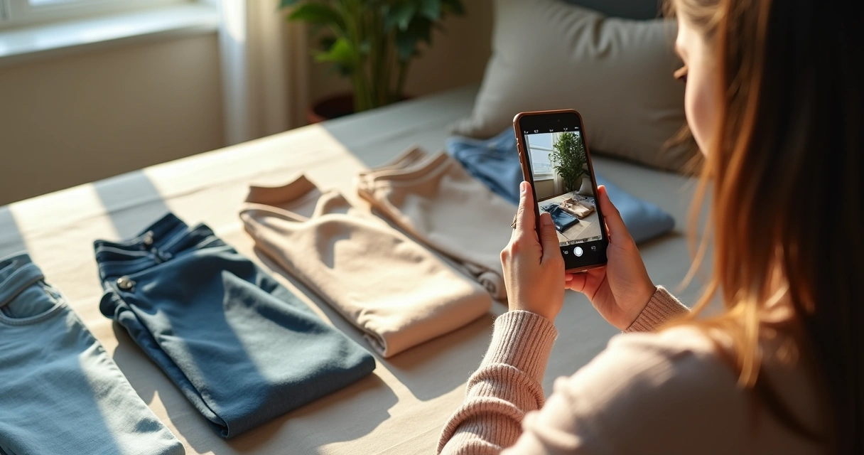 Pessoa tirando foto de roupas usadas para venda online 