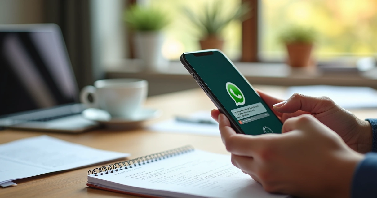 Pessoa digitando no celular, mostrando tela do WhatsApp com mensagens de negociação