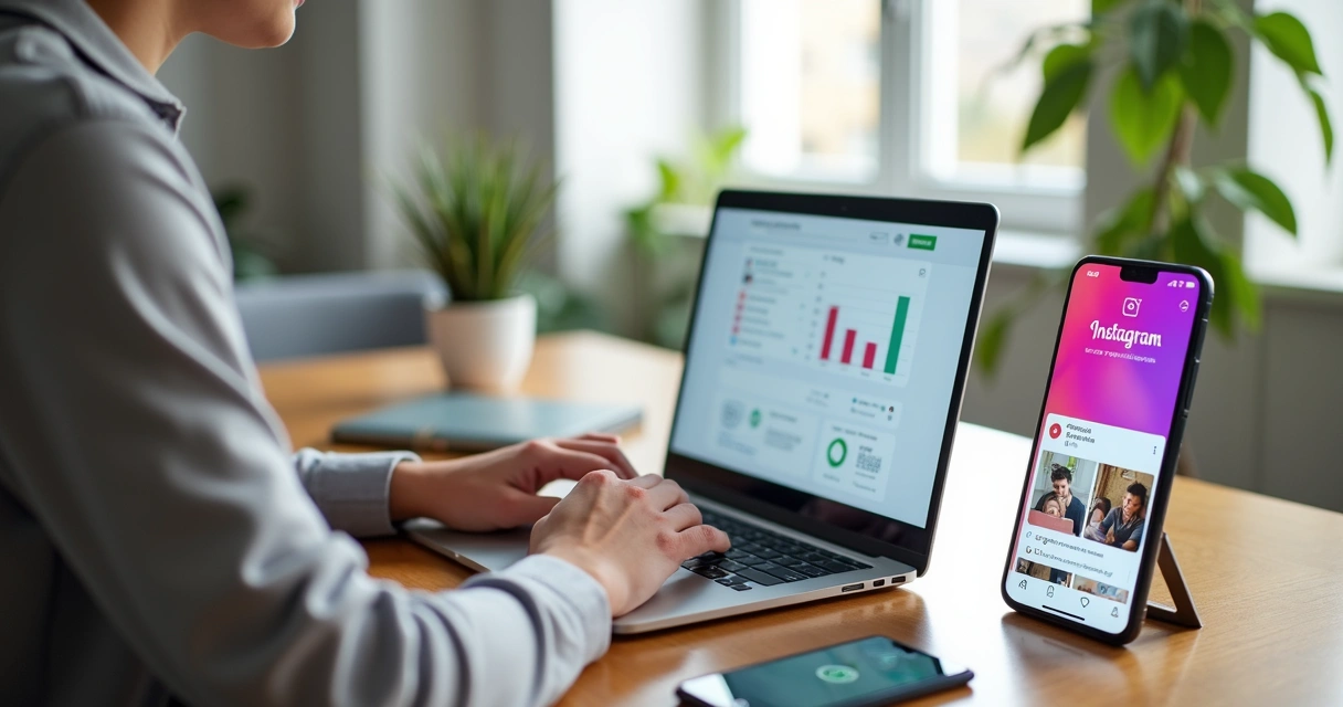 Profissional usando notebook com telas do Instagram e WhatsApp para vender serviços 