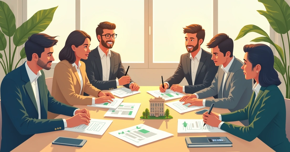 Reunião de contadores analisando documentos da venda de um terreno 