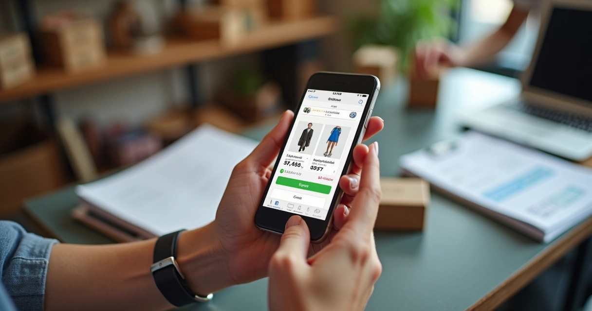 Pessoa usando um app de vendas no smartphone em uma pequena empresa 