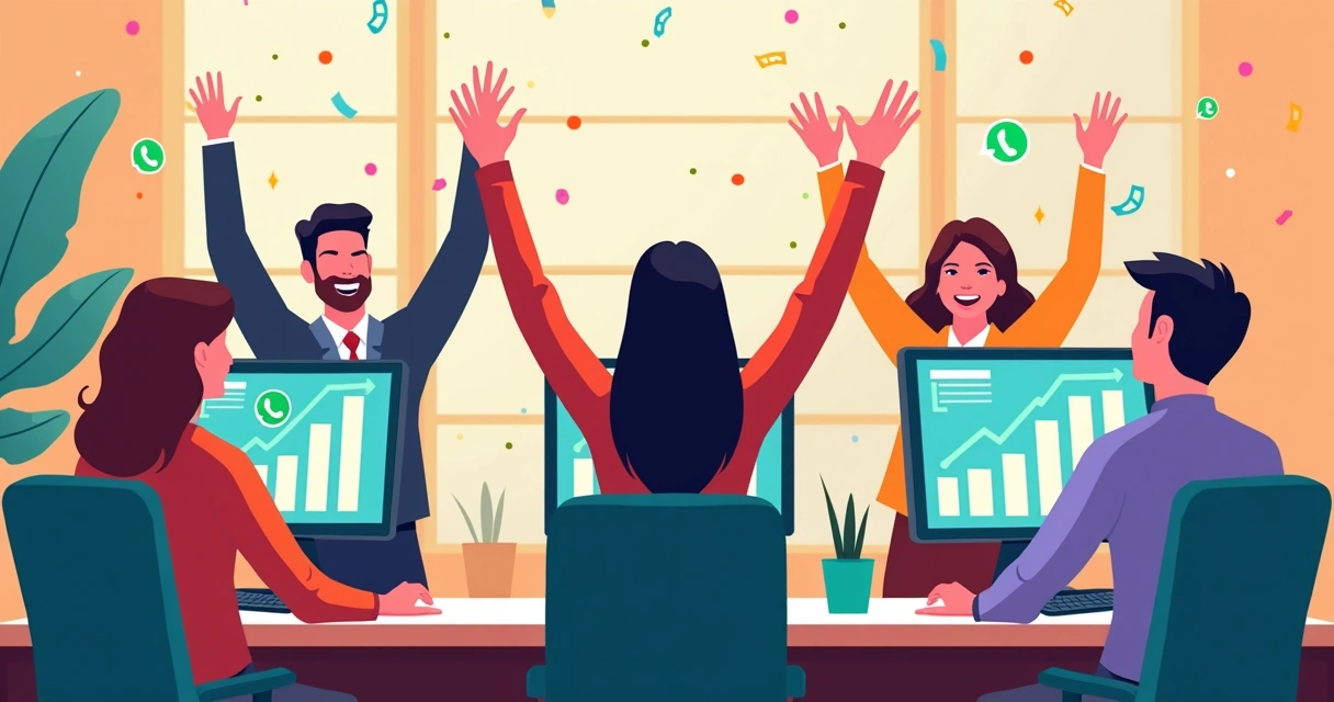 Equipe de vendas celebrando aumento de vendas com gráficos de crescimento e telas de WhatsApp ao fundo 
