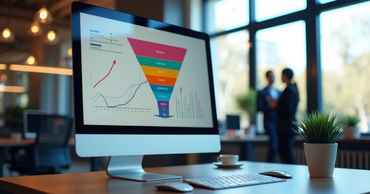Funil de vendas digital crescendo em gráficos coloridos em tela de computador. 