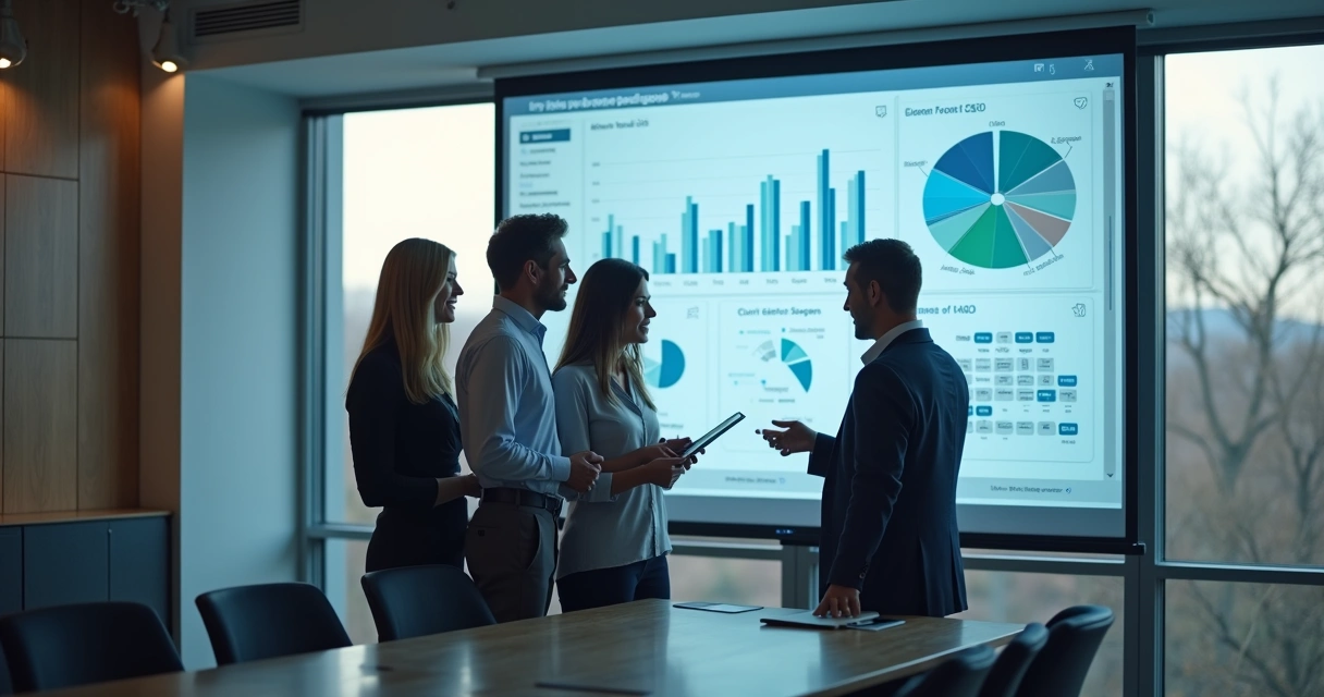 Equipe comercial em reunião analisando dados de vendas B2B em tela ampla de computador 