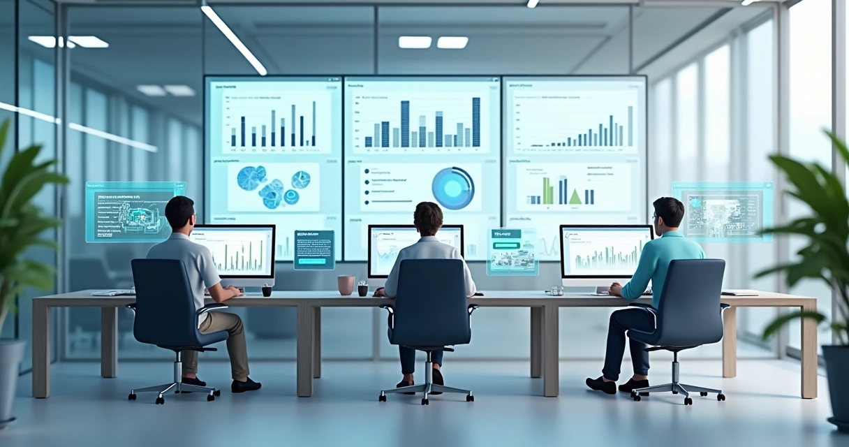 Equipe de vendas B2B trabalhando com tecnologia em um ambiente moderno. 