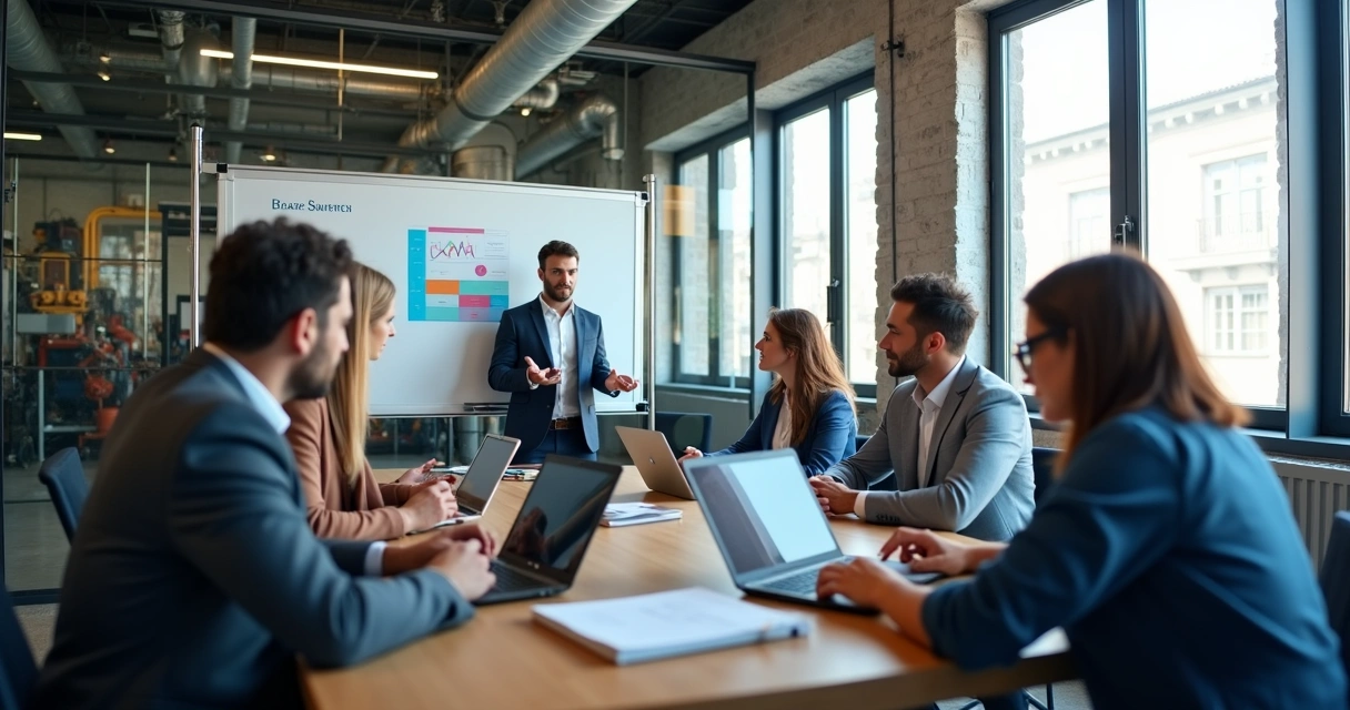 Reunião de vendas B2B em setor industrial, equipe usando notebooks e analisando gráficos