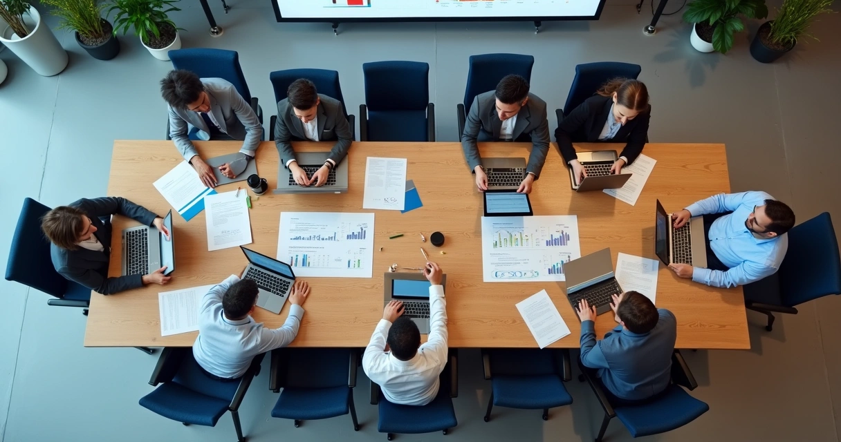 Equipe reunida para negociação entre empresas 