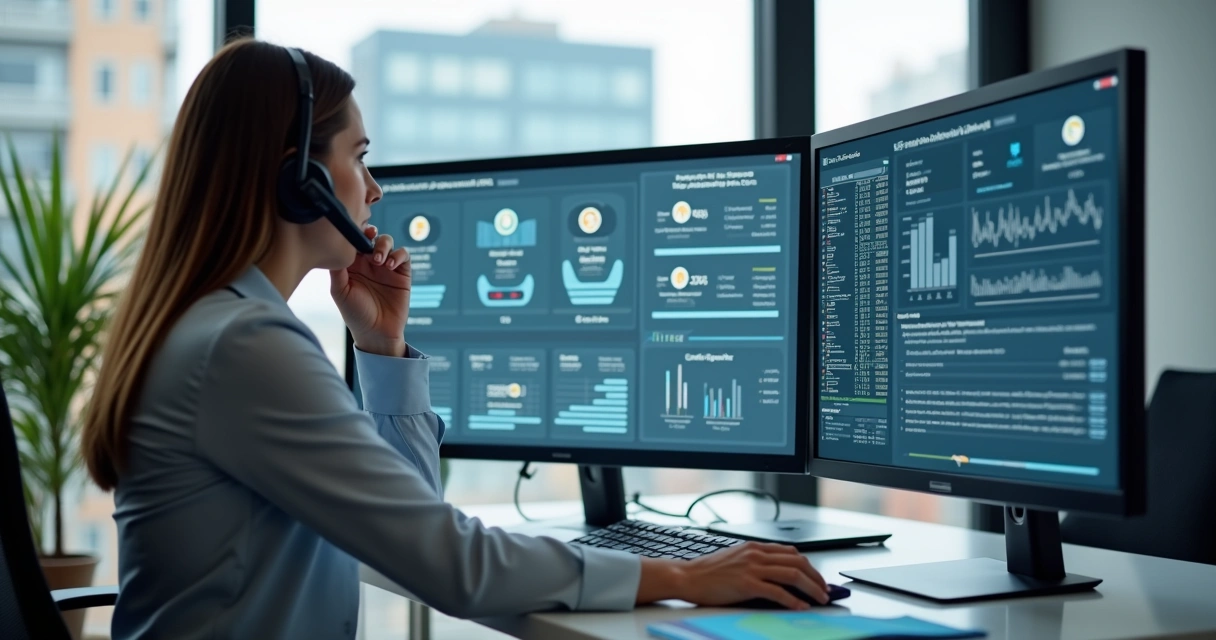 Representante B2B ao telefone analisando dados de clientes em monitor com gráficos e fichas empresariais 