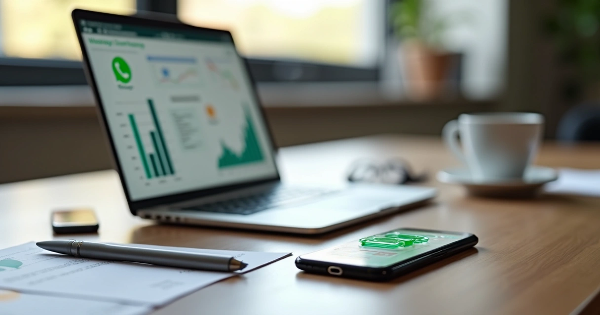 Mesa de trabalho com smartphone aberto no WhatsApp mostrando conversa de negócios e contratos digitais, laptop e café ao redor 