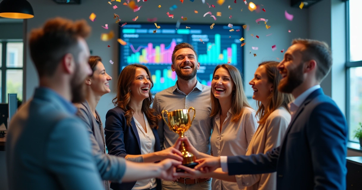 Equipe comemorando metas de vendas recorrentes B2C batidas 