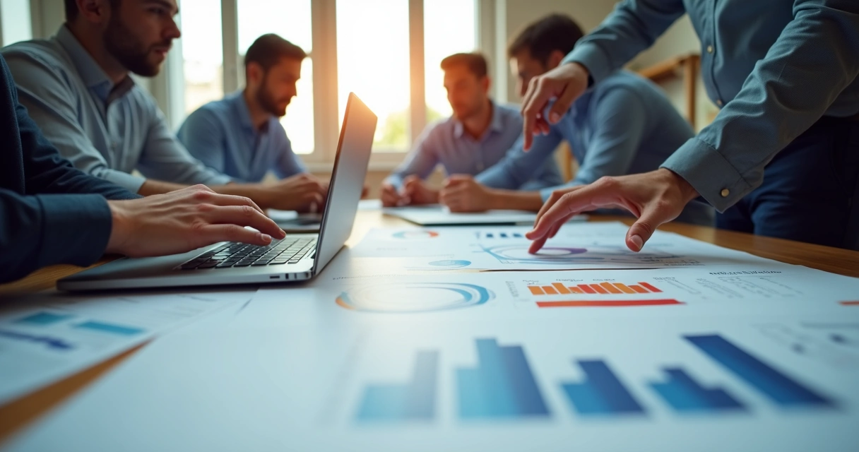 Equipe analisando gráficos de vendas de baterias 