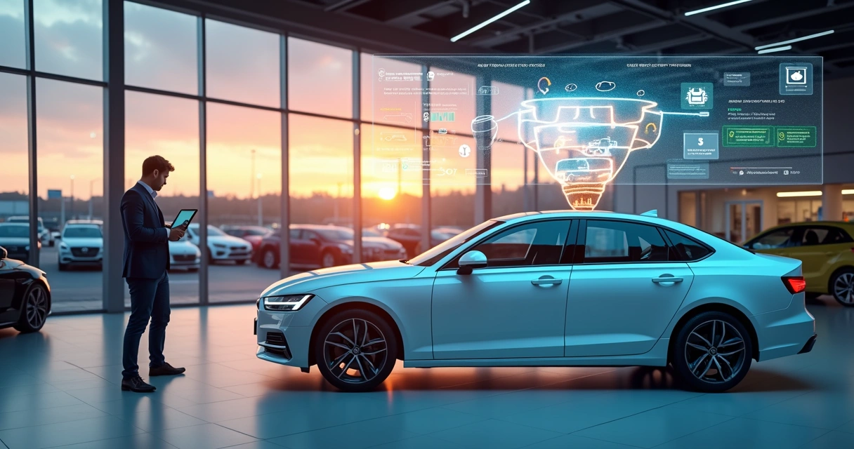 Consultor em concessionária usa painel digital com dados de vendas ao lado de carro em destaque 