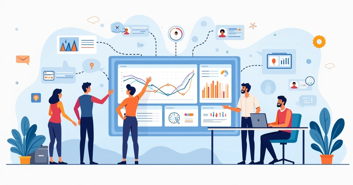 Ilustração de vendas complexas com times alinhados analisando dados em painéis digitais 