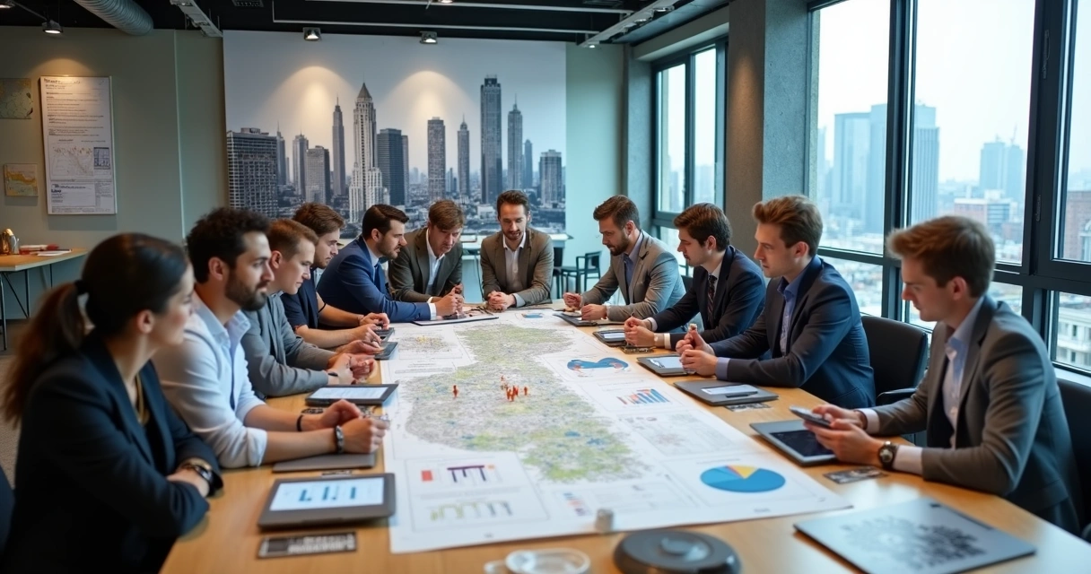 Equipe de vendas na construção civil analisando dados juntos