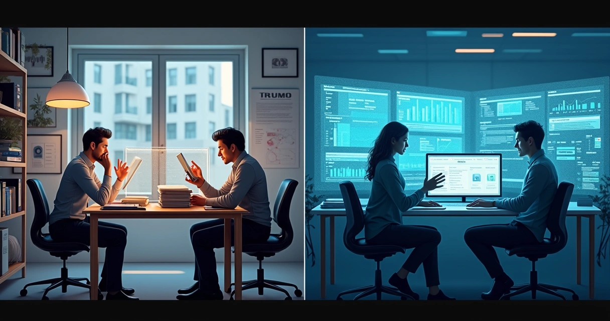 Equipe de vendas lidando com CRM tradicional versus equipe trabalhando com IA 