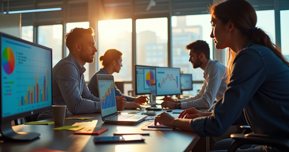 Equipe de vendas colaborando diante de computadores com gráficos de resultados ascendente 
