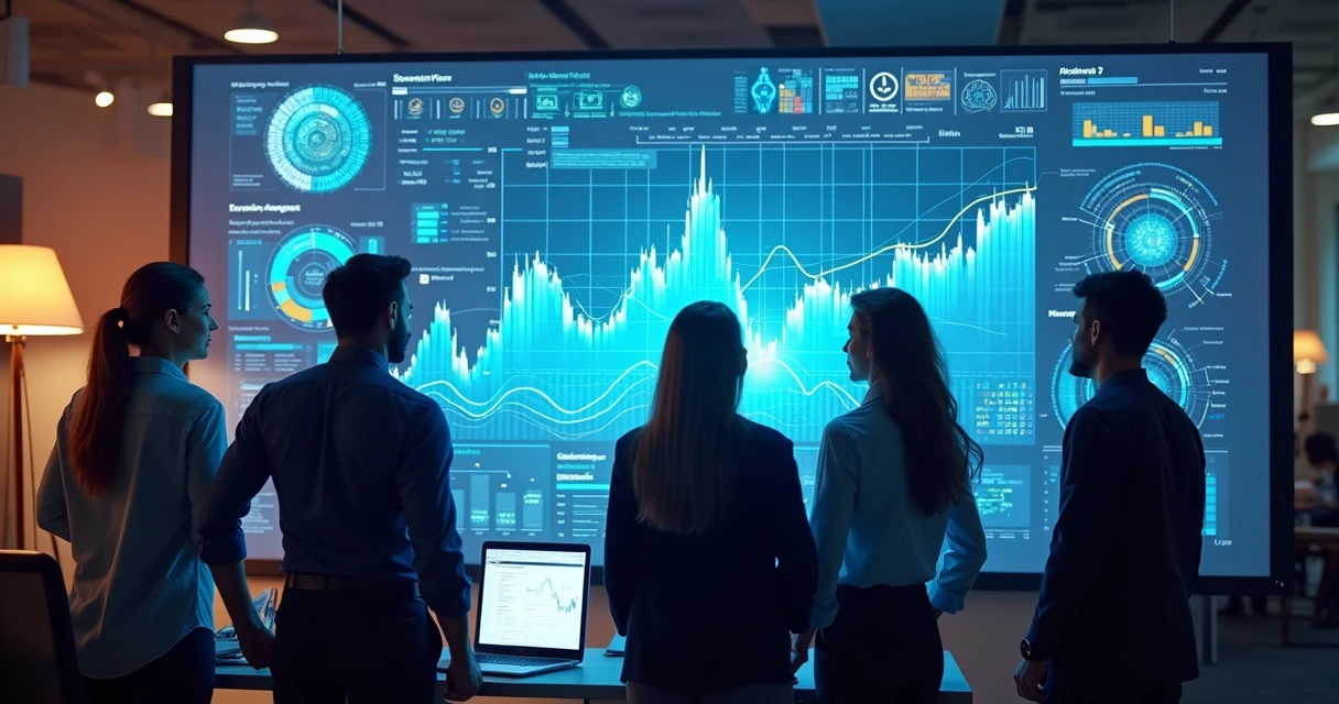 Equipe de vendas acompanhando painel de dados com IA 