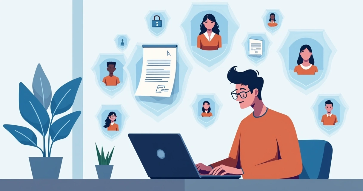 Pessoa enviando contrato digital por laptop e elementos de proteção de dados ao redor