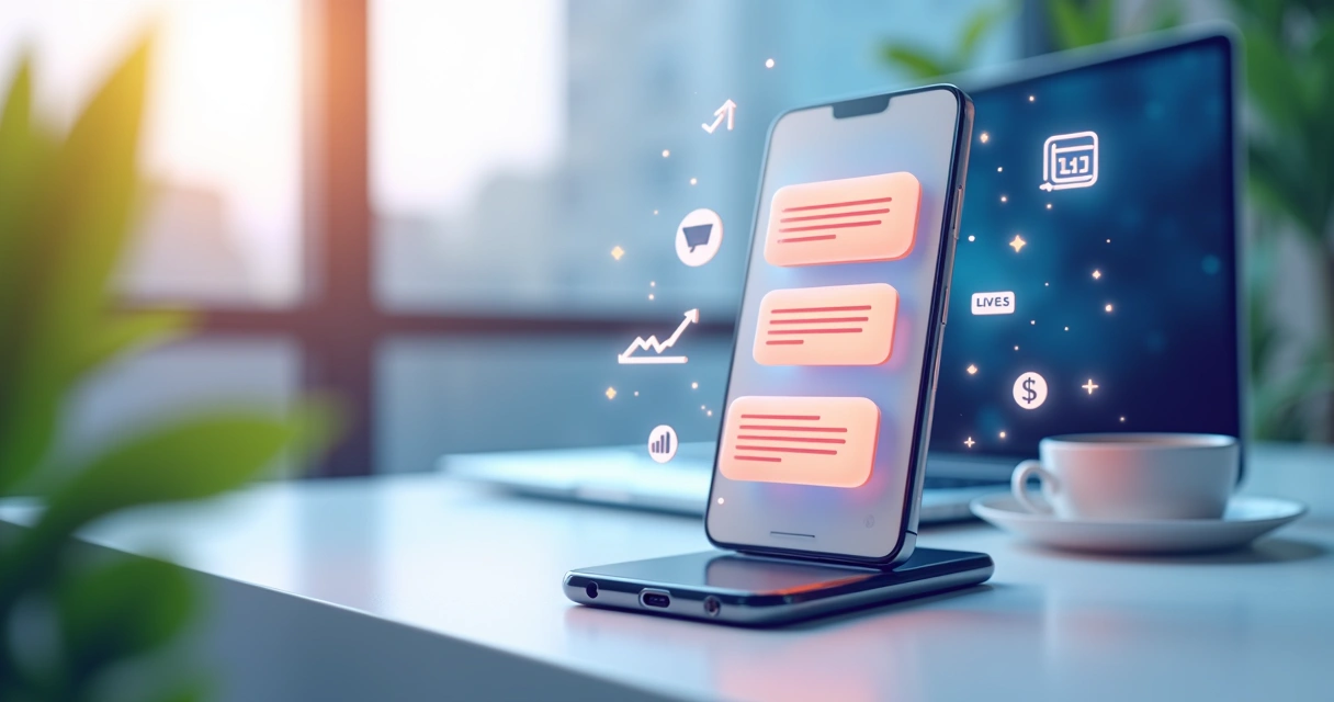 Conversa em aplicativo de mensagens com gráficos de vendas ao fundo 