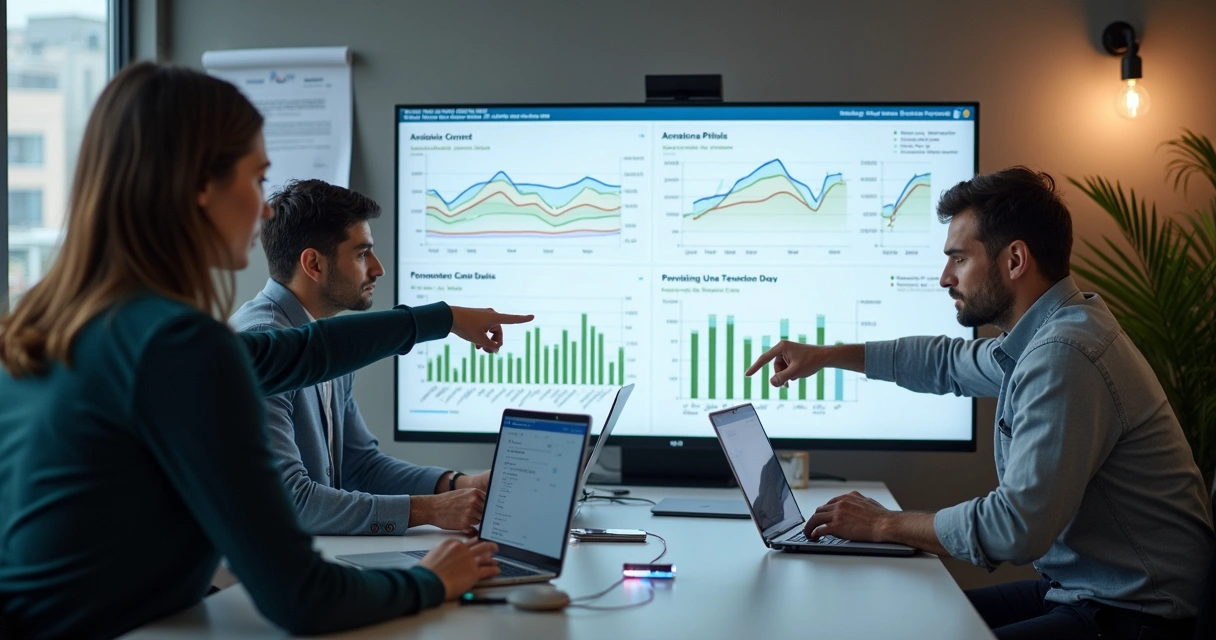 Equipe de vendas analisando campanha digital. 