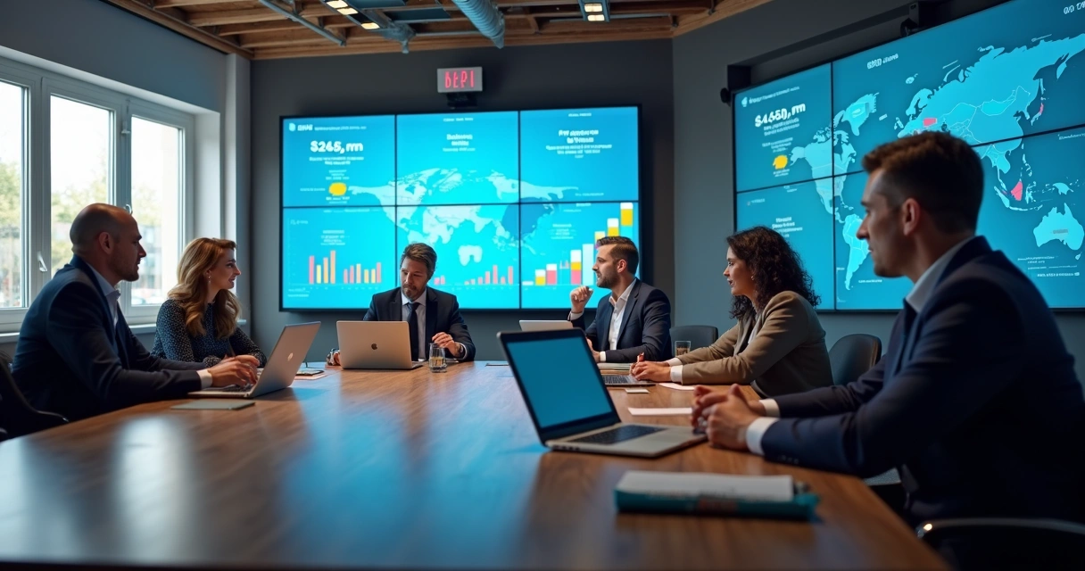 Equipe de vendas B2B em reunião com computadores e gráficos 