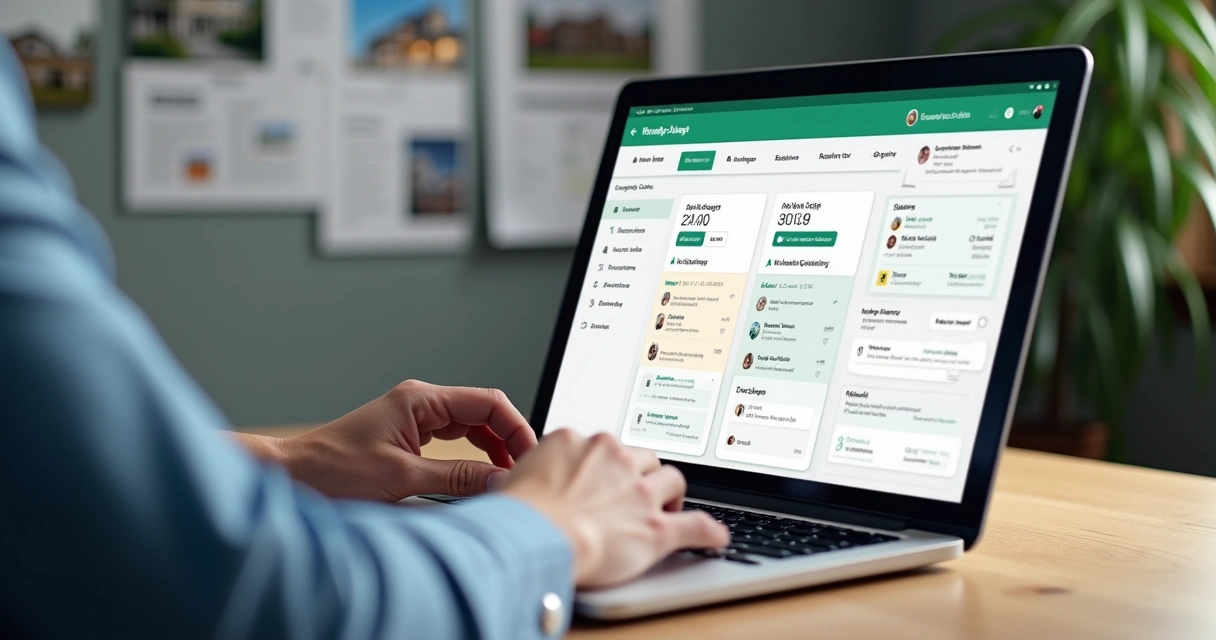 Corretor de imóveis usando computador com dashboard de vendas do WhatsApp. 