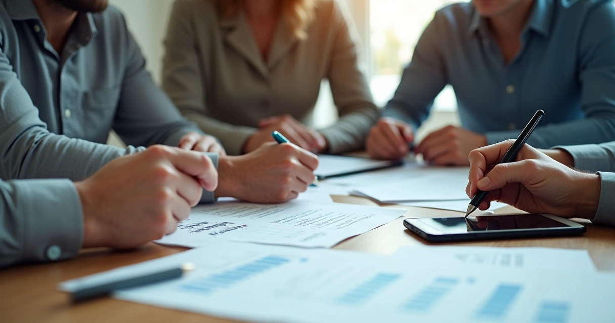 Equipe de vendas pequena reunida com computador e celular 