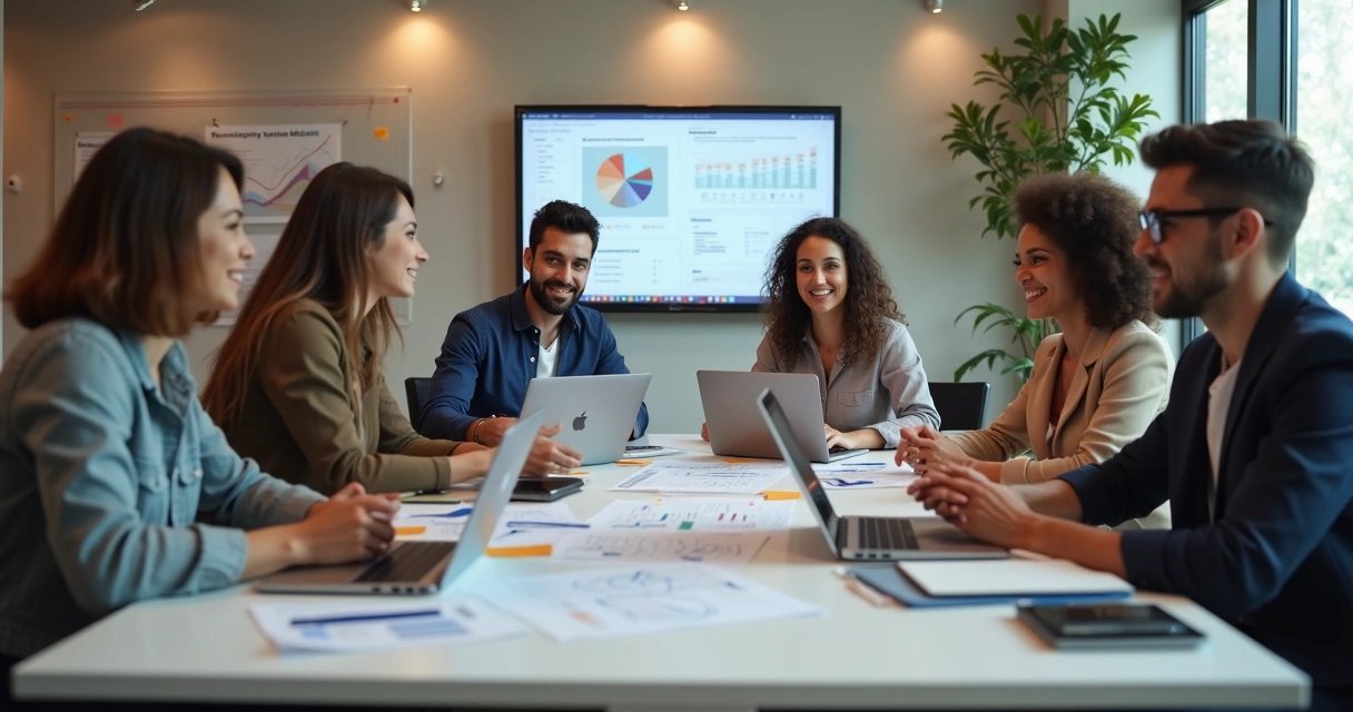 Equipe de marketing e vendas alinhada em reunião B2B 