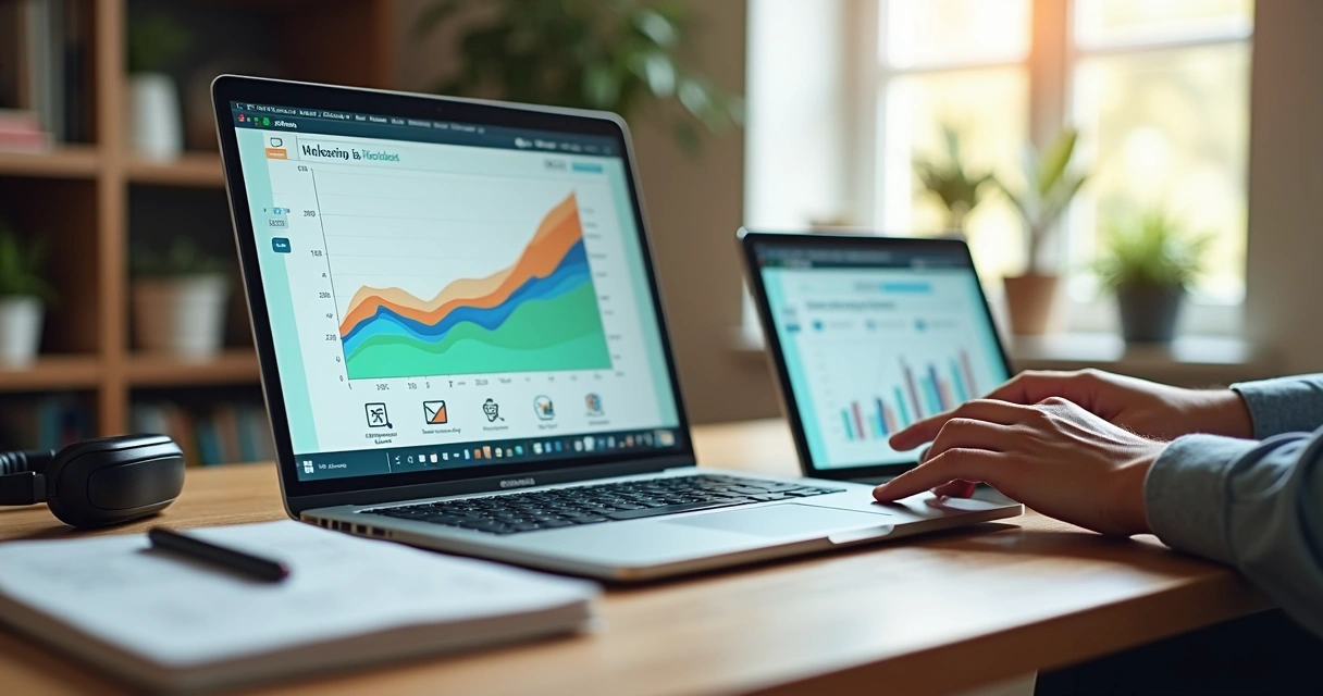 Empreendedor analisando gráficos de vendas escaláveis em vários dispositivos digitais 