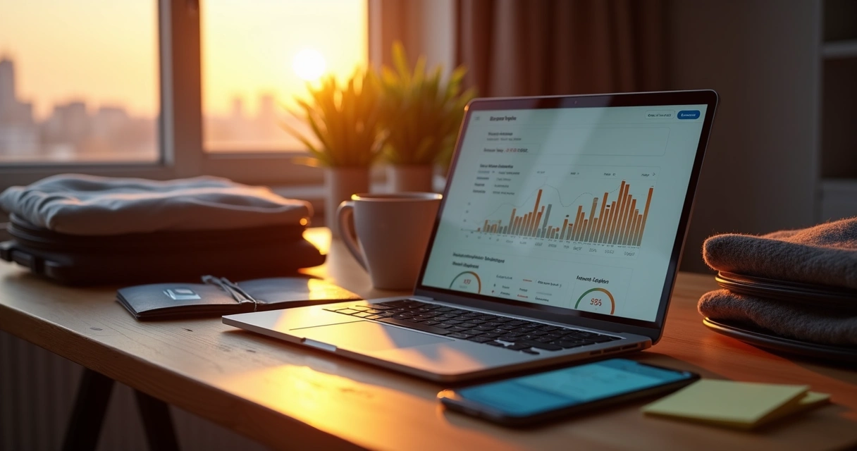 Notebook com dashboard de vendas ao lado de mala de viagem 