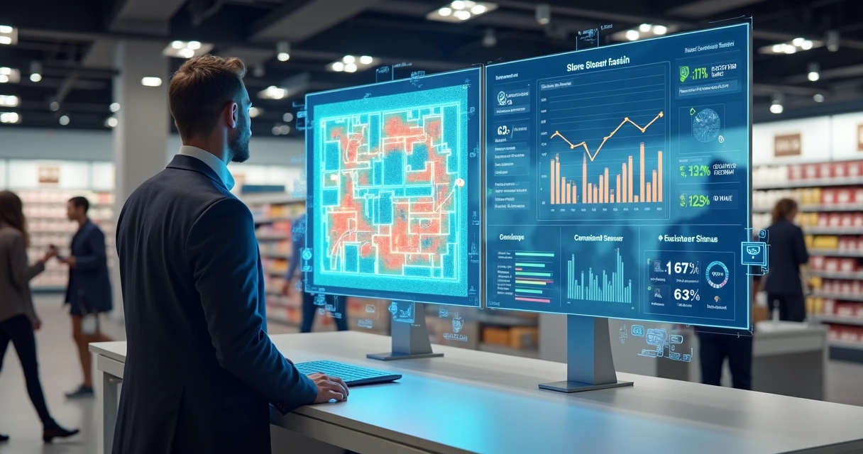 Gestor de varejo analisando telas com dados de fluxo de clientes e vendas em loja física 