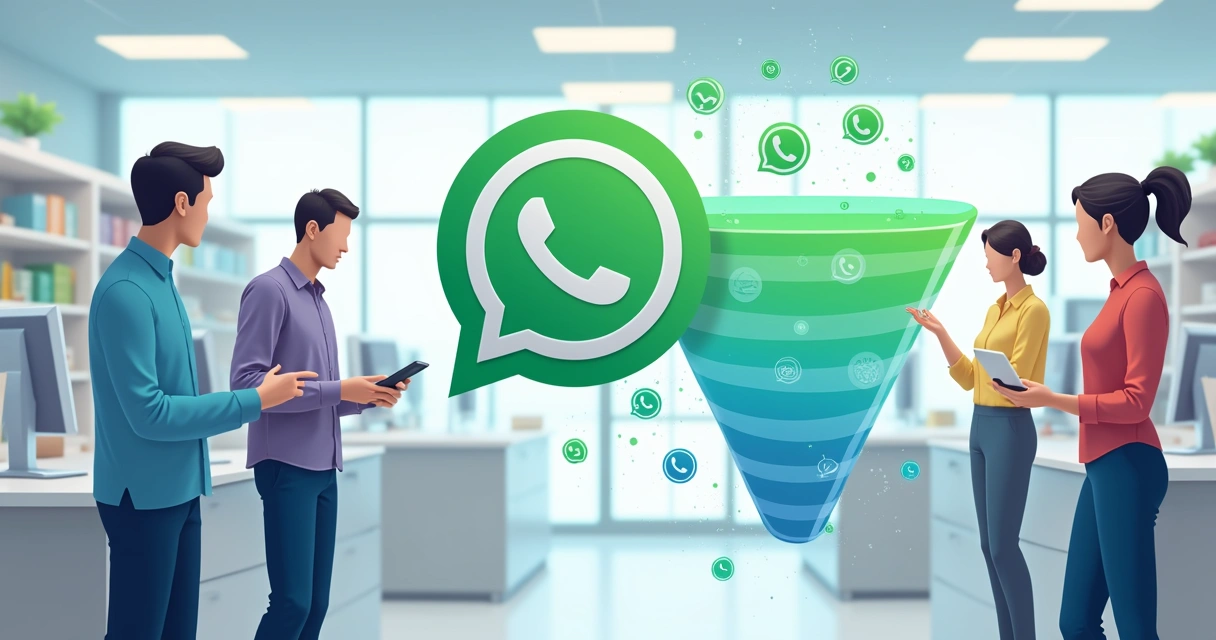 Equipe de vendas e símbolo do WhatsApp interagindo com gráfico de funil de vendas