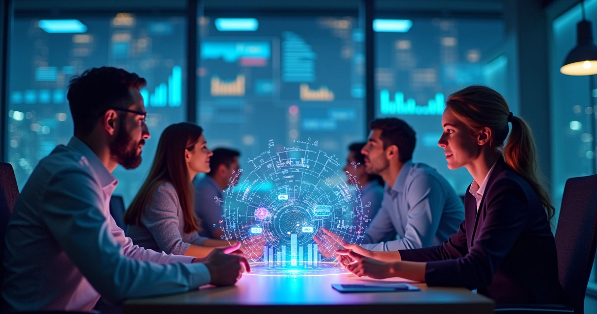 Equipe de vendas interagindo com gráficos de inteligência artificial 