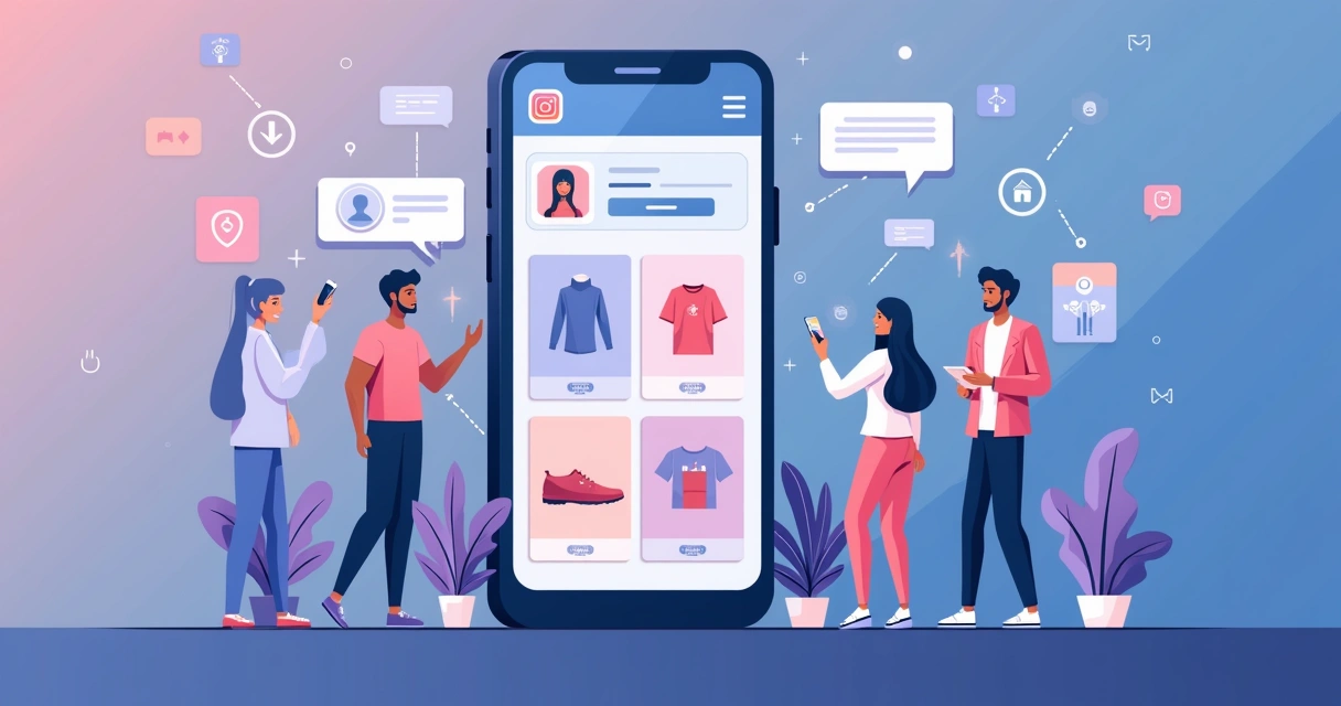 Ilustração corporativa flat de um smartphone mostrando catálogo de produtos no Instagram, com ícones de mensagens e vendas ao redor. Pessoas interagindo com o catálogo, setas indicando crescimento de 
