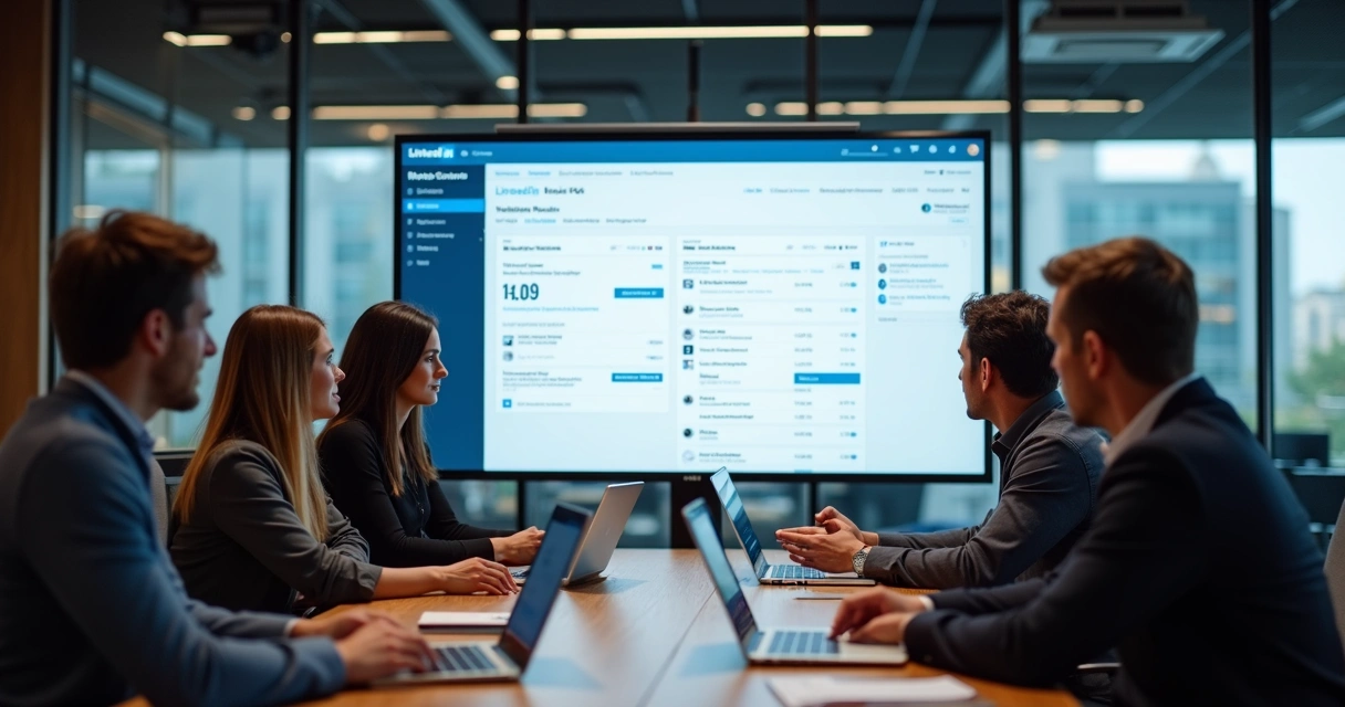 Equipe de vendas reunida analisando resultados do LinkedIn 