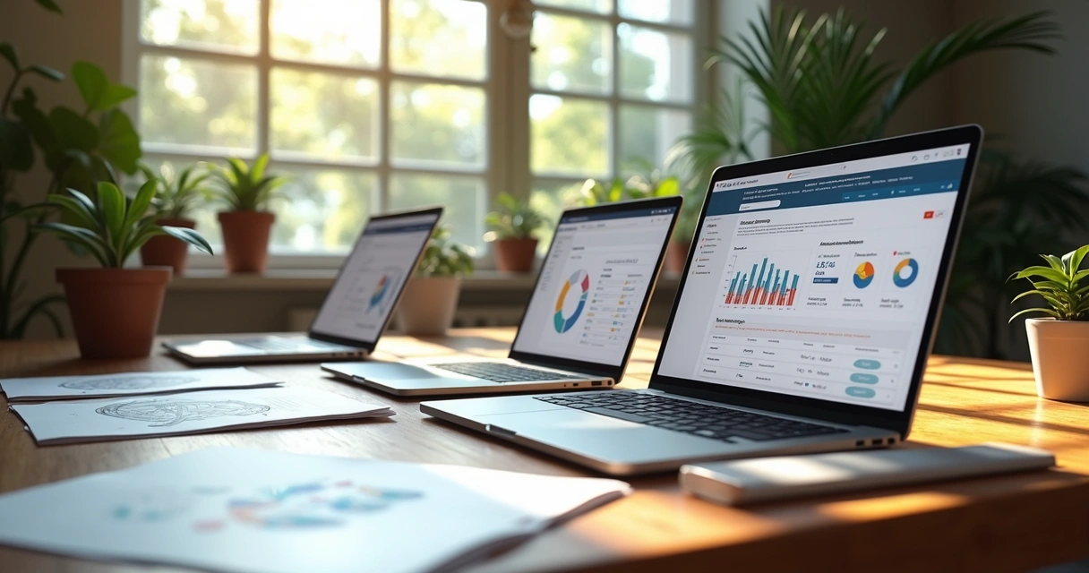 Mesa com vários notebooks exibindo plataformas de marketplace e gráficos financeiros na tela