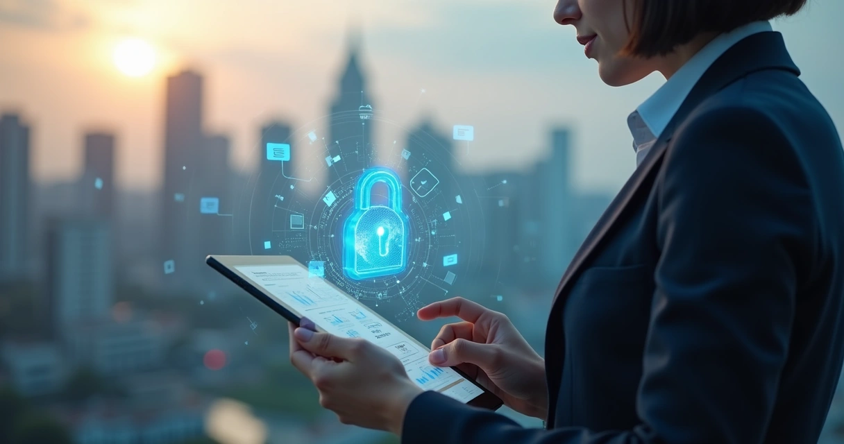 Vendedor usando tablet com gráficos e cadeado digital 