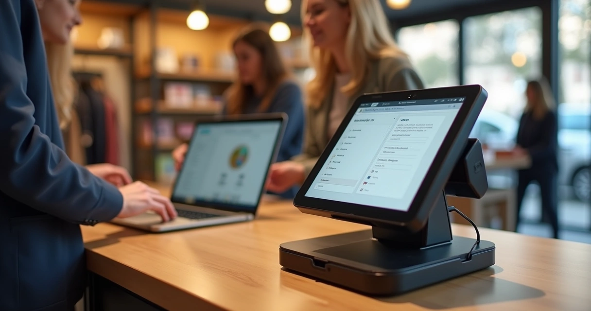 Loja física moderna com terminal POS integrado mostrando tela de pagamento e laptop ao lado com Shopify aberto