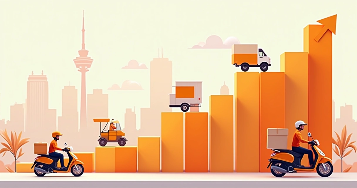 Gráfico de vendas online aumentando com ícones de entrega e marketplace 