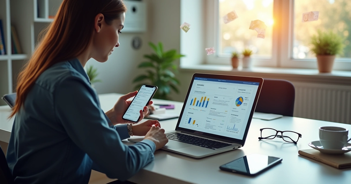 Pessoa usando computador e smartphone verificando vendas online e impostos digitais em ambiente de escritório moderno 