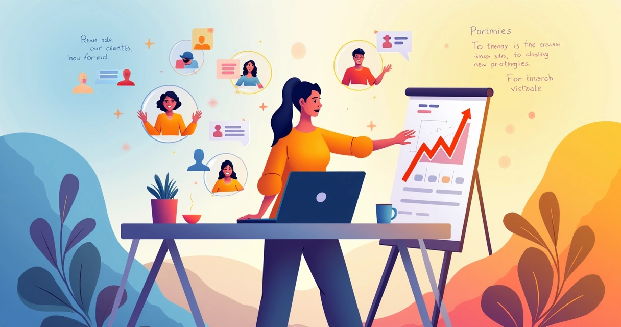 Juliana Feffer engaged in online sales with visuals of client interactions and growth graphs in a colorful environment.