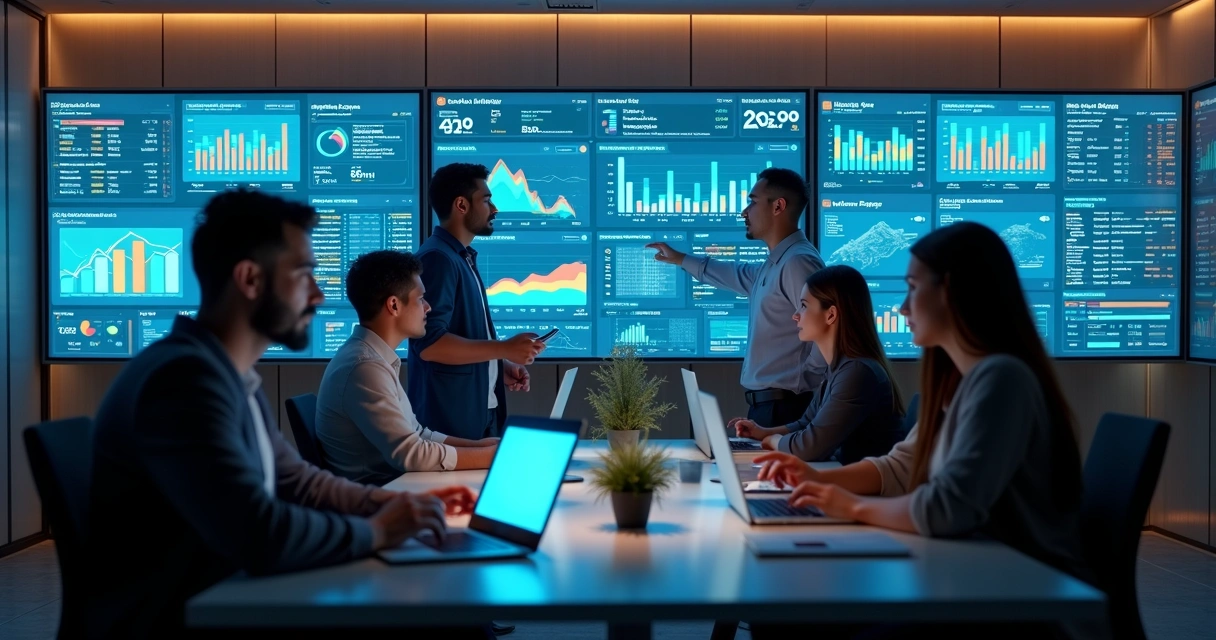 Equipe de vendas analisando dados em múltiplas telas digitais com gráficos, CRM e ferramentas integradas 