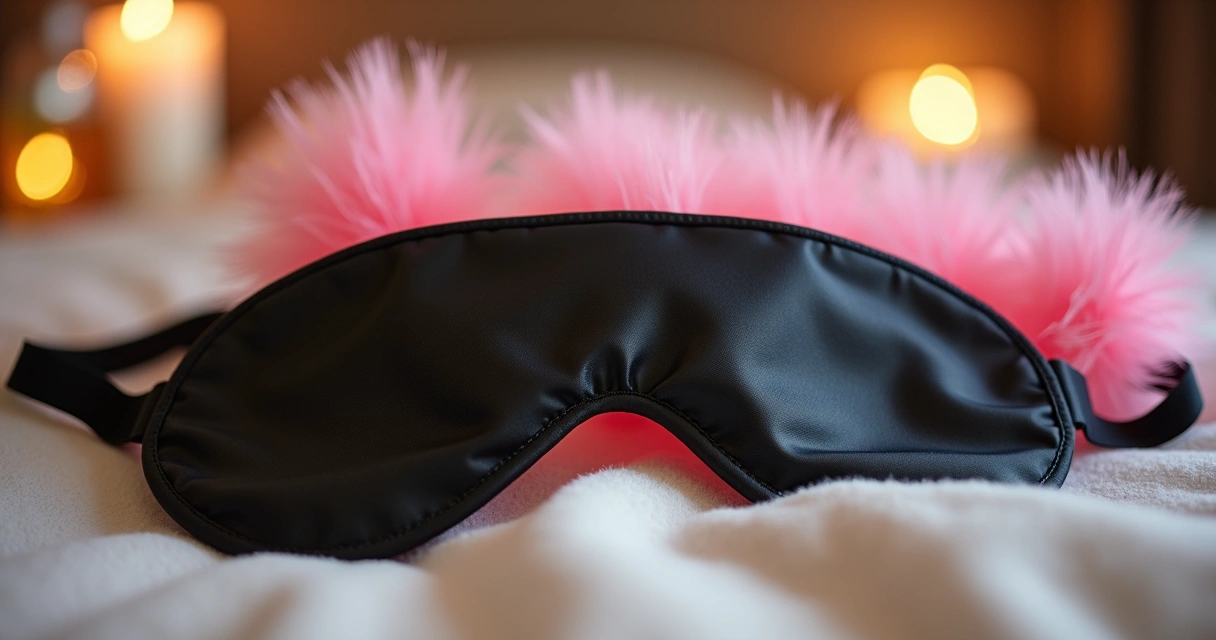 Venda de cetim preta ao lado de penas rosas usadas para preliminares sensuais 